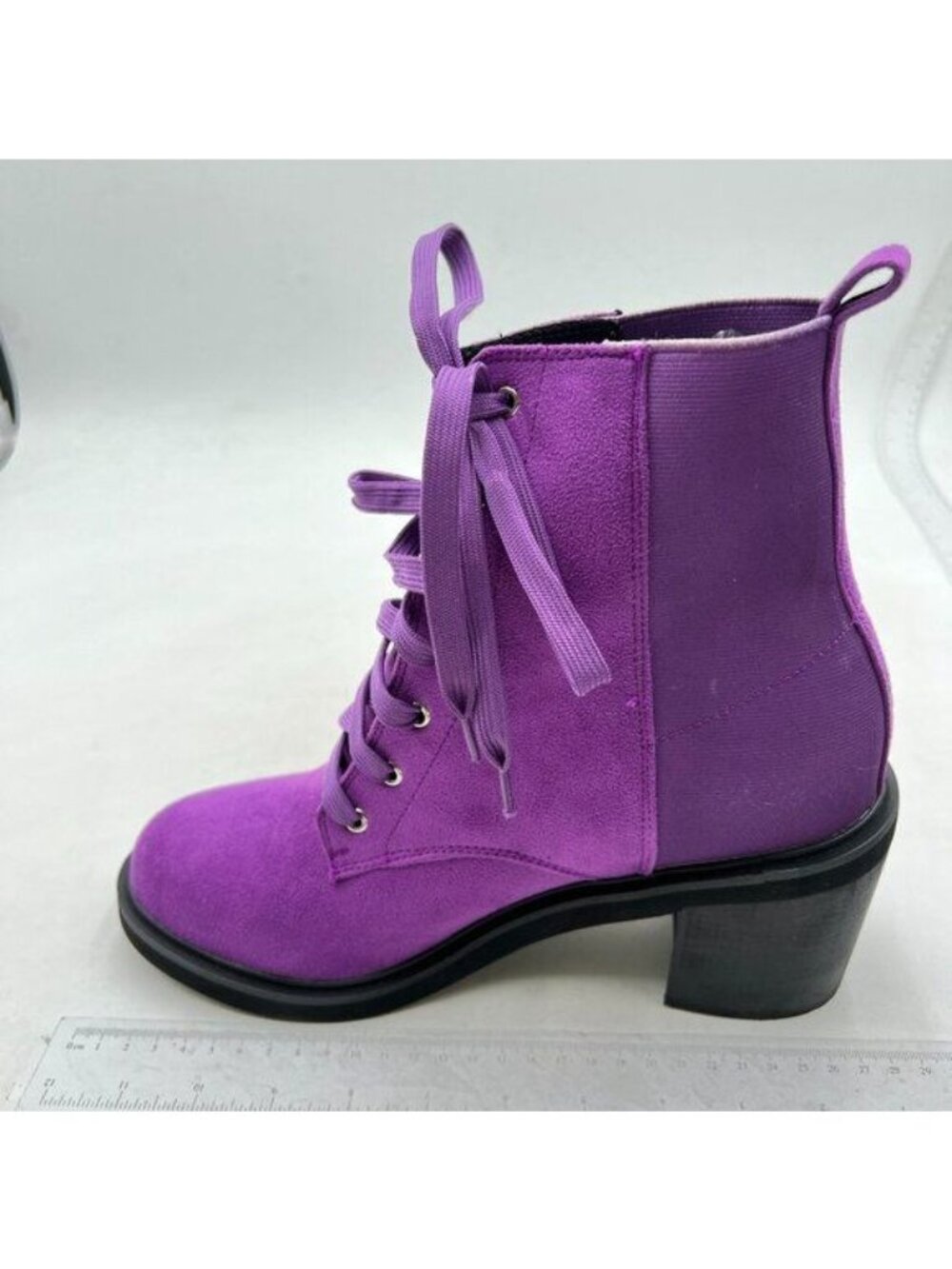 Women Casual Lace-up Ankle Boots Round Toe Low Block Heel Shoes Purple